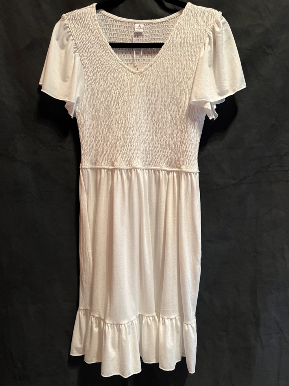 Anrabess Off-White Smocked V-Neck Flutter Sleeve Dress